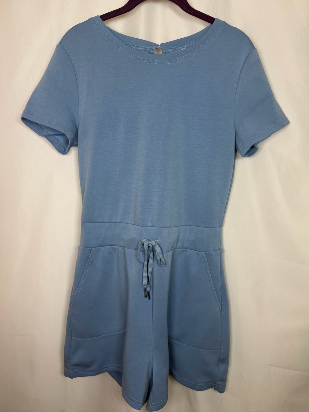Dusty Blue Short Sleeve Drawstring Romper with Pockets – Small - Picture 6 of 9